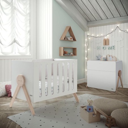 Cuna Swing blanco-madera de 120×60