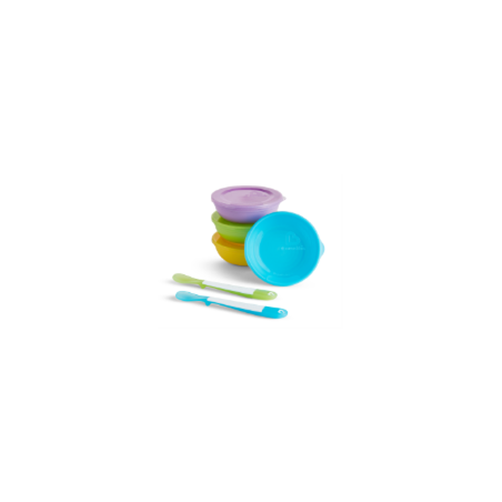 Love-a-Bowls - Pack de 4 cuencos con tapas  y 2 cucharas Naranja/Azul/Verde/Lila