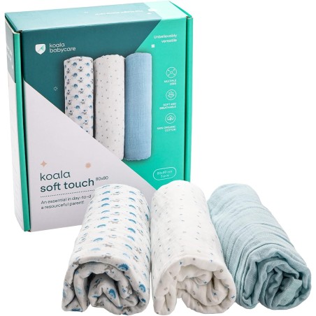 Muselinas bebé Koala Soft Touch 80x80 Azul - Algodón orgánico suave