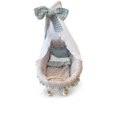 Capazo Moisés de Muñecas Artesanal con Dosel y Lazo Celeste Mamapata