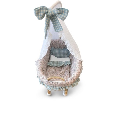 Capazo Moisés de Muñecas Artesanal con Dosel y Lazo Celeste Mamapata