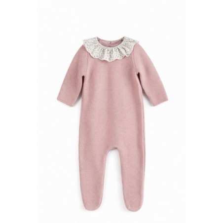 Pelele de punto bebé Mebi Root rosa con cuello volante floral