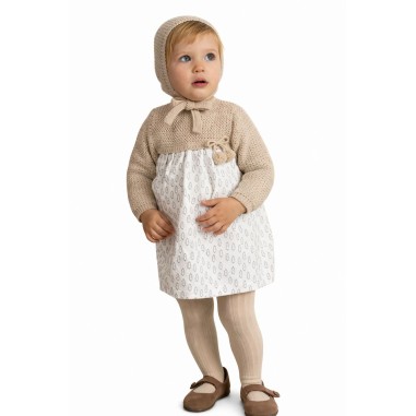 Vestido bebé Mebi Root combinado punto y estampado beige