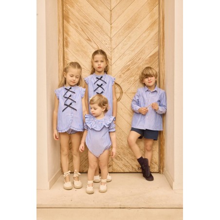 Vestido Cloe Rayas Azul con Lazos Elegante