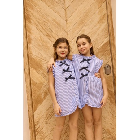 Vestido Cloe Rayas Azul con Lazos Elegante